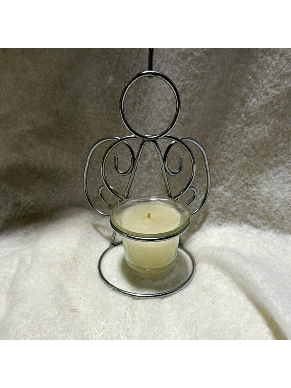 Silver Metal Angel Votive Candle Holder w/ Clear Glass Cup, Small Freestanding
